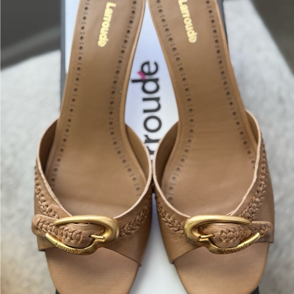 Larroude Tan Sandals with Gold Buckle